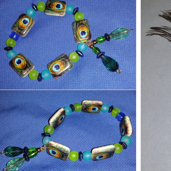TDD Custom Made One Size Fits Most Painted Peacock Frosted Glass Bracelet - Picture 3 of 7
